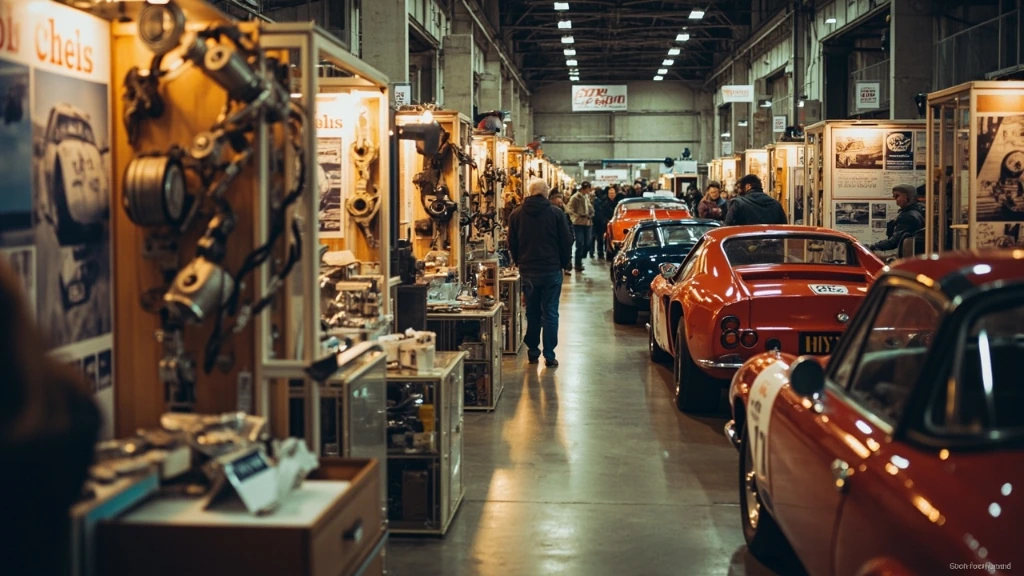 Visitors browse the indoor trade hall at a past Historic Motorsport Show