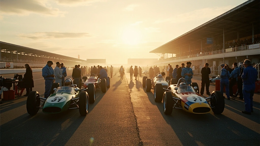 Donington Park paddock at dawn with pre-1970 racing cars lined up
