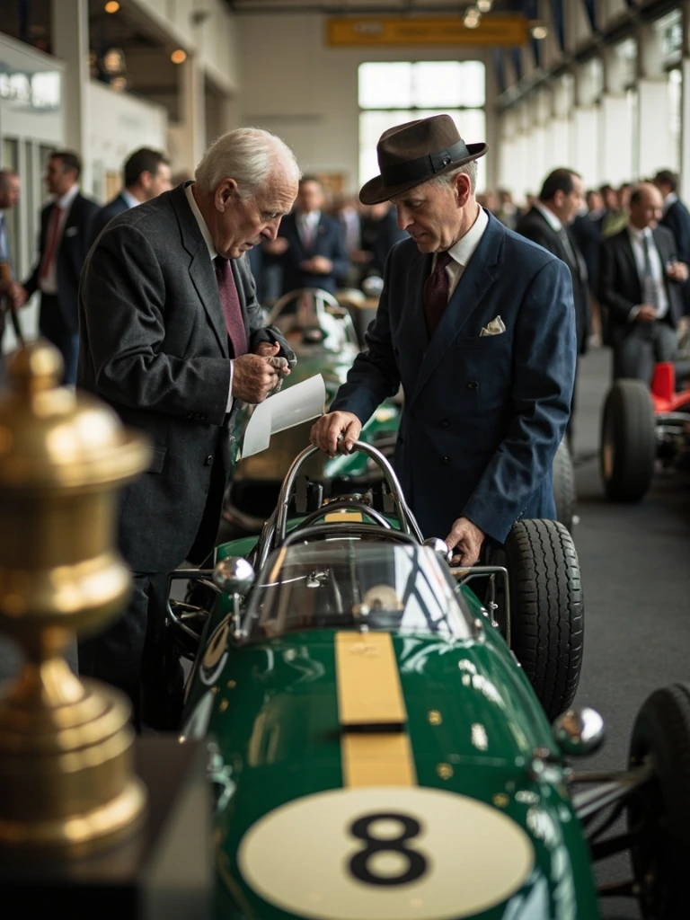 FIA steward inspecting a 1960s single-seater during concours judging
