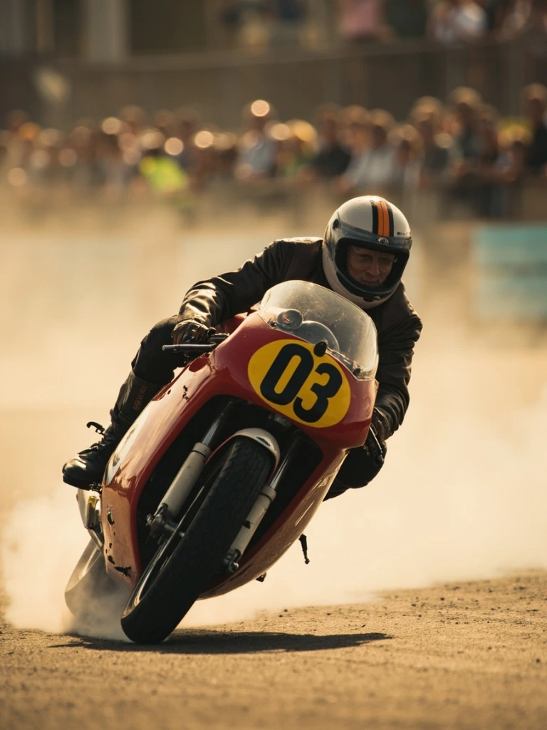 Ex-factory rider on a 1970s Grand Prix motorcycle through a Donington Park corner